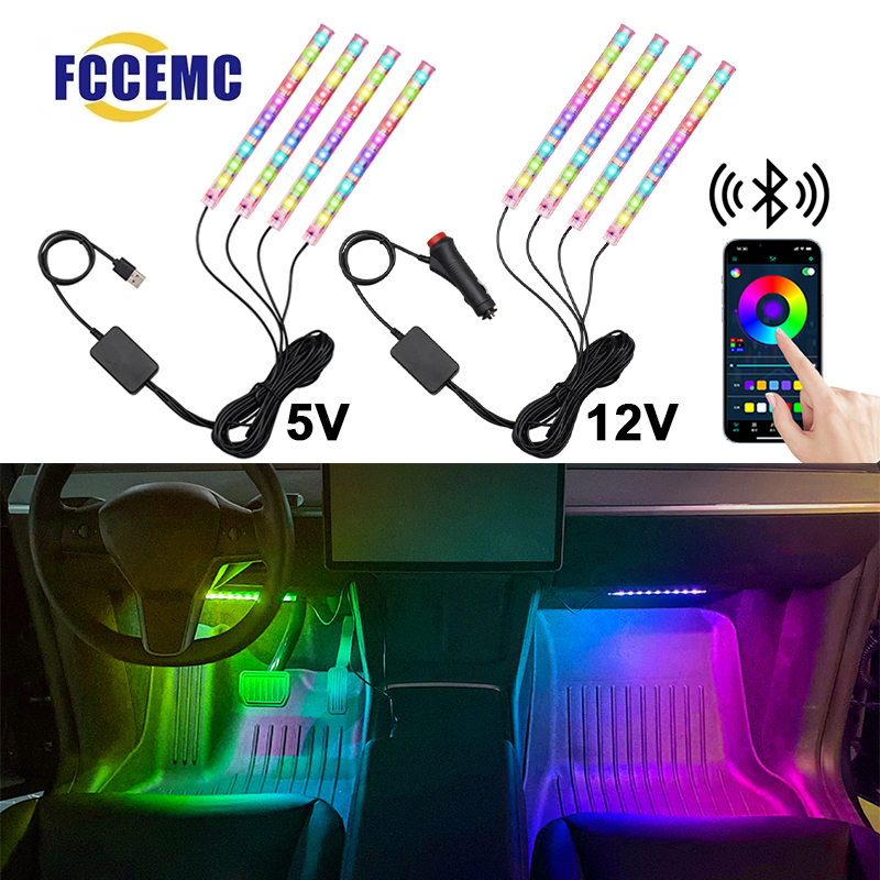 Luz LED Interior 4 en 1 de 5V-12V RGB, lámpara LED para coche, luz para pie, decoraciones para coche, control por aplicación, luz de ambiente de ritmo dinámico
