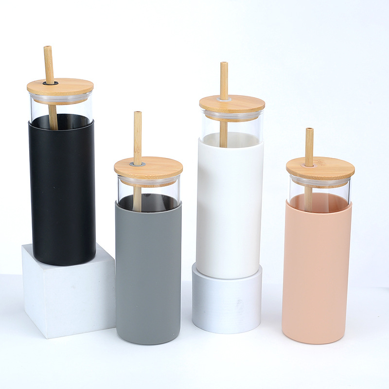 500ml bärbara silikonglas bambu lock halm vattenkopp sport vattenflaska kaffekopp med sugrör utomhus resa hemmakontor