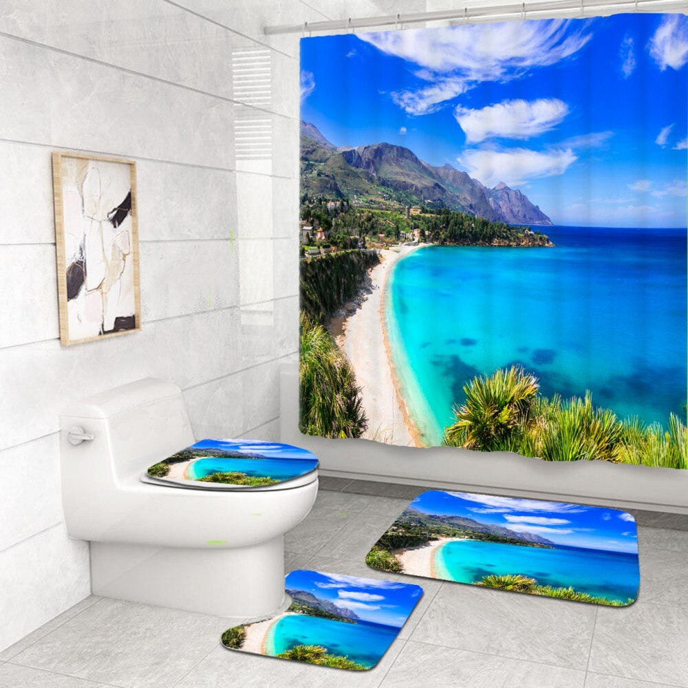 4 Piece Tropical Beach Bathroom Set Seaside Scenic Area Sunset Print Waterproof Shower Curtain Bath Rug Mats Set Toilet Cover