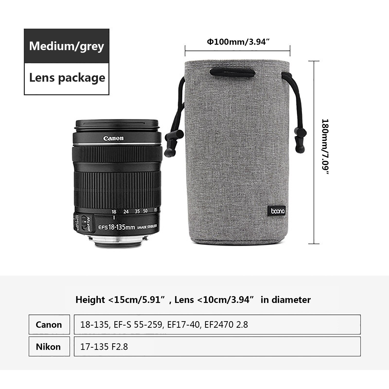 Sacoche de protection pour objectif d&#39;appareil photo, étui en Lycra pour appareils photo DSLR, Nikon, Canon, Sony, Olympus, Fuji: Lens Case Grey-M