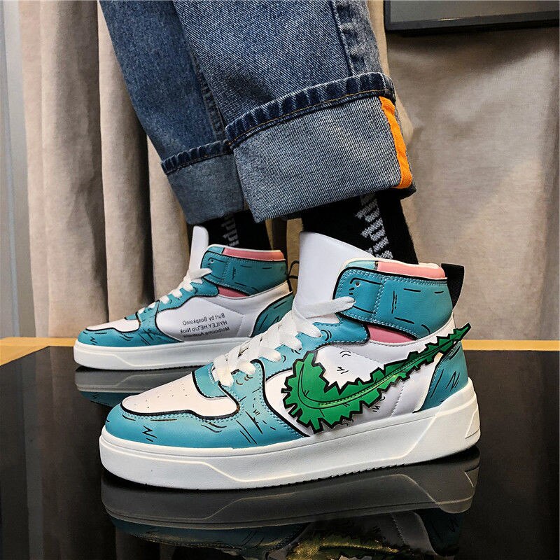Espadrilles décontractées Chaussure de skateboard pour hommes à lacets, Chaussure de sport, qui respire, élégante, Chaussure de marche avec Graffiti: White Blue / 41