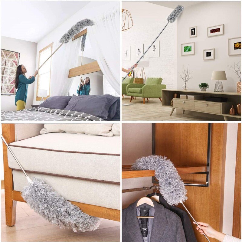 Plumero telescópico con mango largo, cepillo de polvo para sofá de pared, de acero inoxidable, limpiador de polvo para huecos de suelo y techo, herramientas de limpieza del hogar