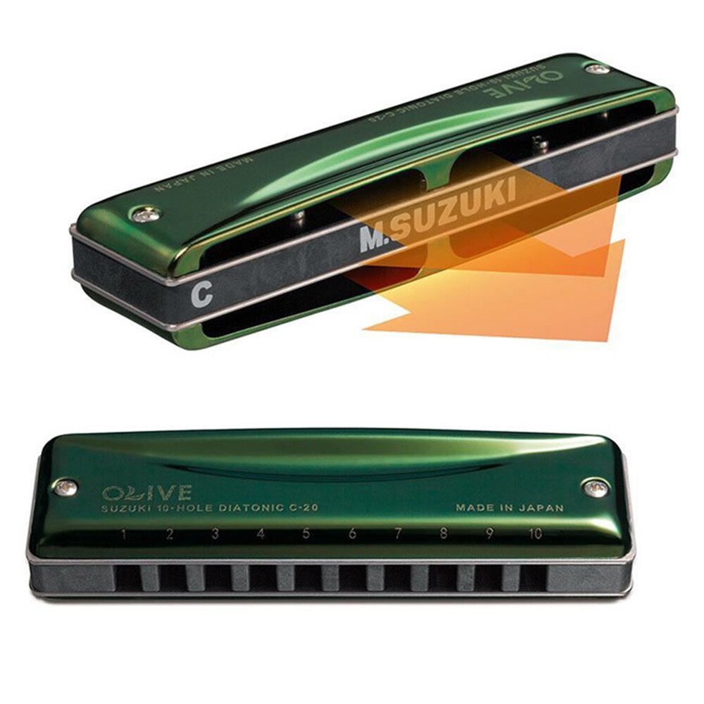 SUZUKI1 C-20 10 Holes 20 Tones Diatonic Harmonica Key of C Blue Mouth Organ with Olive-Green Case Standard Performance Harmonica