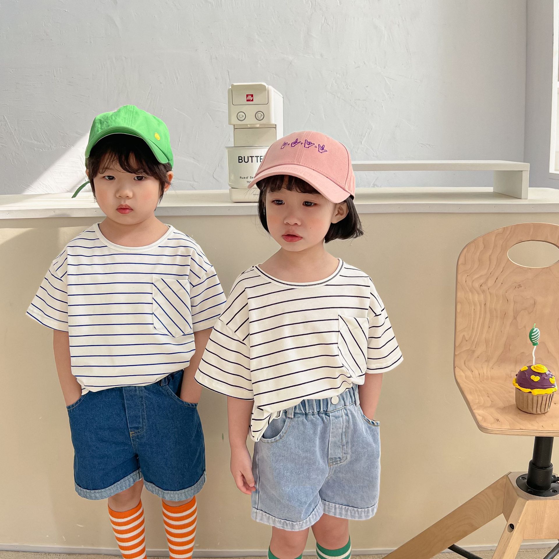 Summer Unisex simple white striped Tees Kids short sleeve cotton all-match T shirts