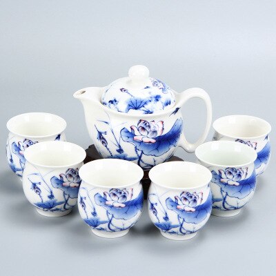 Kung fu te sæt, keramisk tekande dragt, blå og hvid porcelæn serie, anti skold dobbelt lag kop, japansk stil te sæt: C