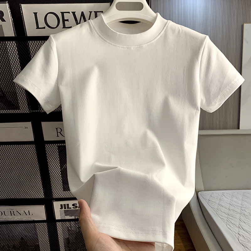 2024 Mode Vrouwen Katoenen Half Hoge Kraag Korte Mouw T-Shirts Zomer Effen Kleur Elegante T-Shirt Casual Tops