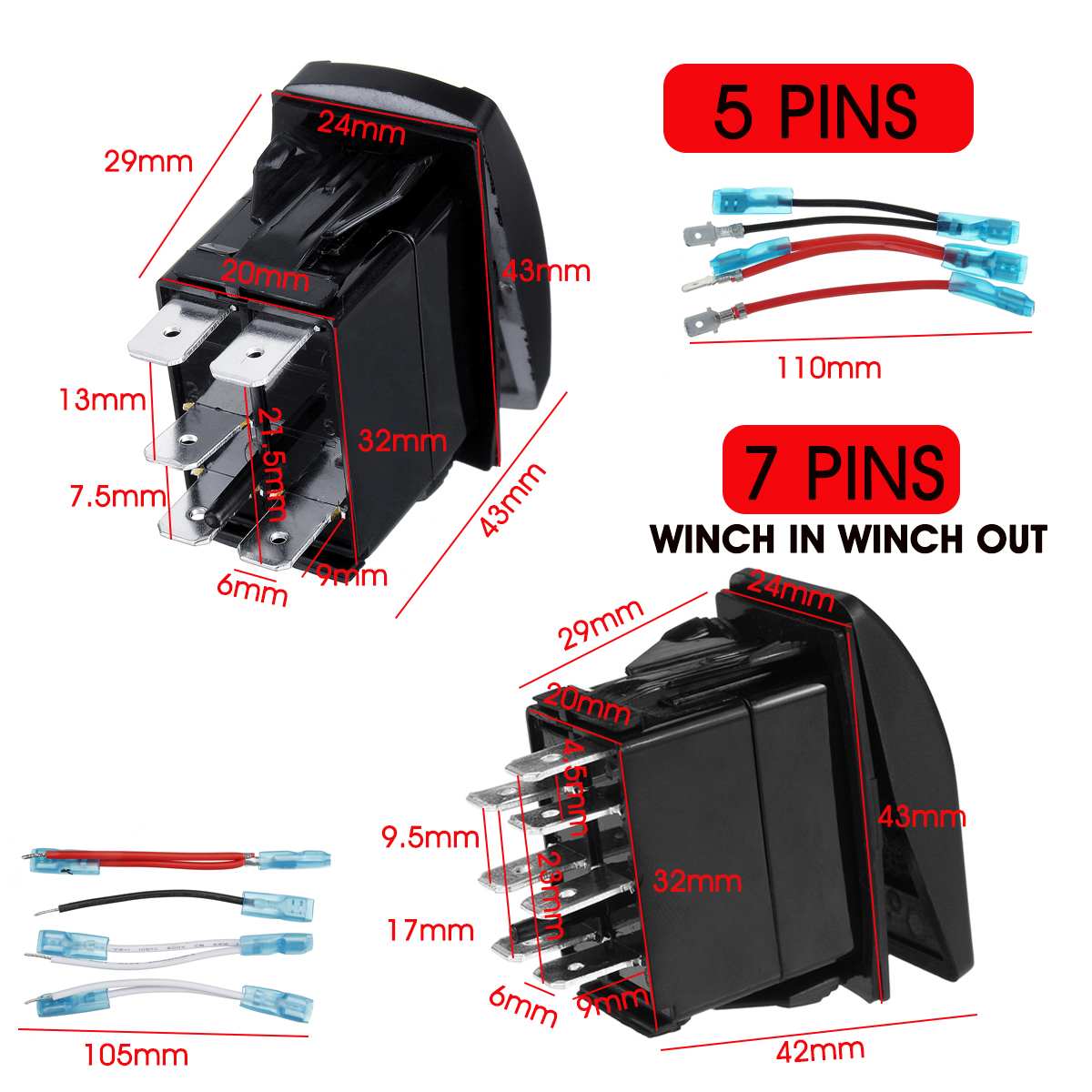 12V/24V Dual Blauw Led Light Rocker Switch Panel Voor Marine Boot Tuck Camper Caravan Universele 5/7 pins Knoppen Voor Auto W/Kabel