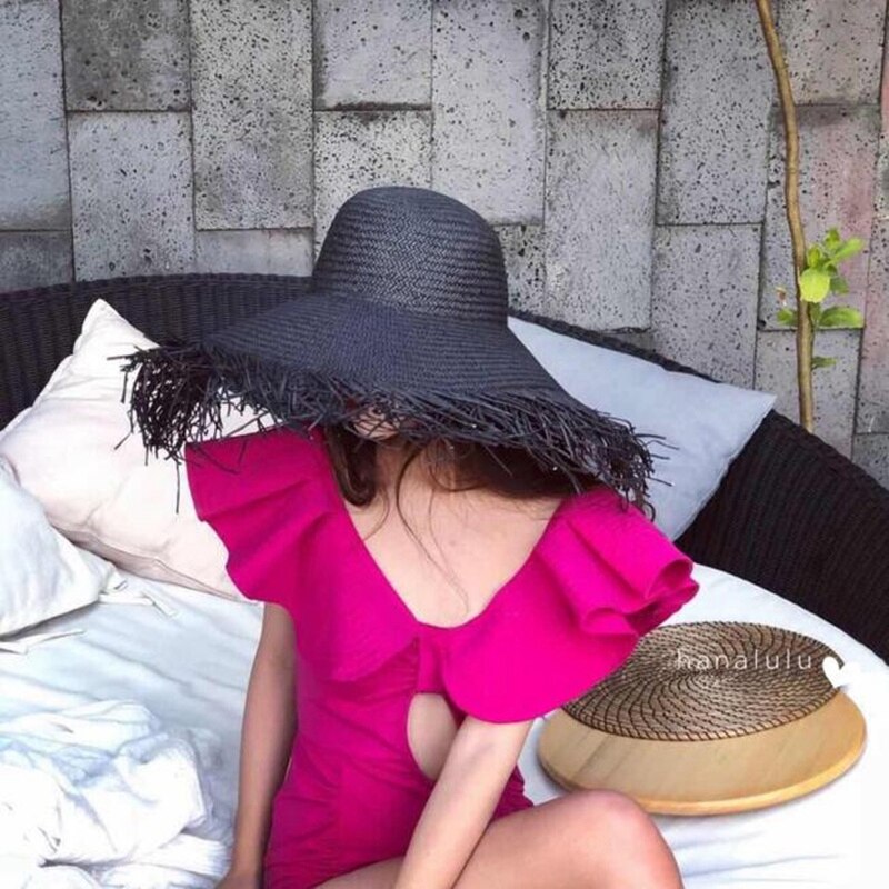 Straw Hats Wide Large Wide Brim Straw Hats Beach Summer Big Straw Sun Hat Black