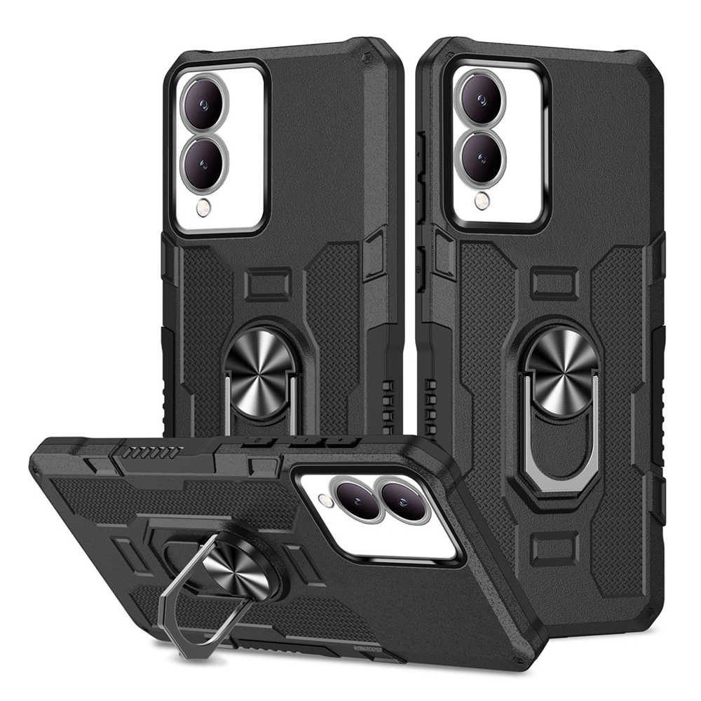Shockproof Armor Case for VIVO Y17S Soft Silicone+PC Metal Ring Stand Phone Back Cover for VIVO Y17S: black