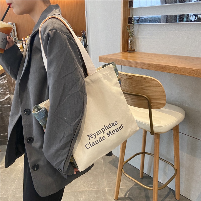Große damen-einkaufstasche aus canvas, umweltfreundlich und wiederverwendbar, aus baumwollstoff, tragetasche, schultertasche für damen, lässige einkaufstasche, strandtasche