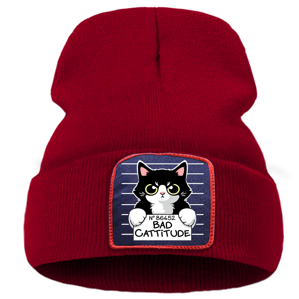 Bonnet en tricot pour femme et garçon, imprimé de dessin animé de chat, pour l&#39;extérieur, décontracté, , à la , Punk, automne: Wine Red