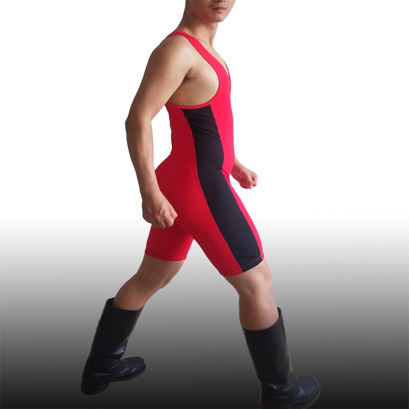 Badiace Red Combined Man Wrestling Singlet Wrestler Leotard Bodywear Gym Outfit One Piece Rowing Suit