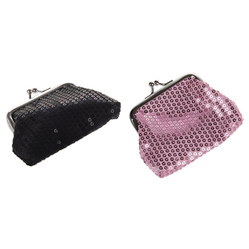 FGGS-2pcs Vrouwen Pailletten Portemonnee Gesp Mini Wallet-Zwart & Roze