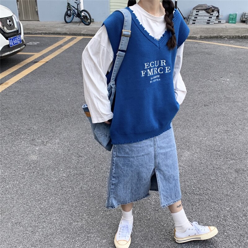 Blå bogstav oversize strik veste kvinder efterår koreansk stil v-hals løs sweater veste kvindelige csual streetwear veste