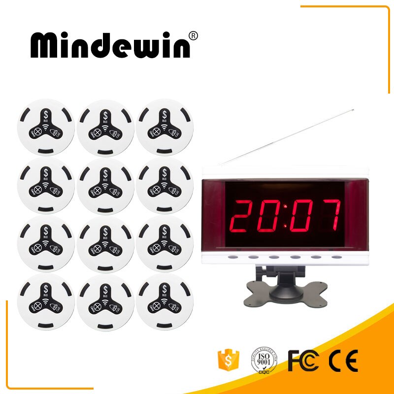 Mindewin draadloos oproepsysteem voor restaurants pager 12 stuks mk -3 oproepknoppen en 1 stuk mr -2 led-display toont 1 groepsnummer: Wit zwart
