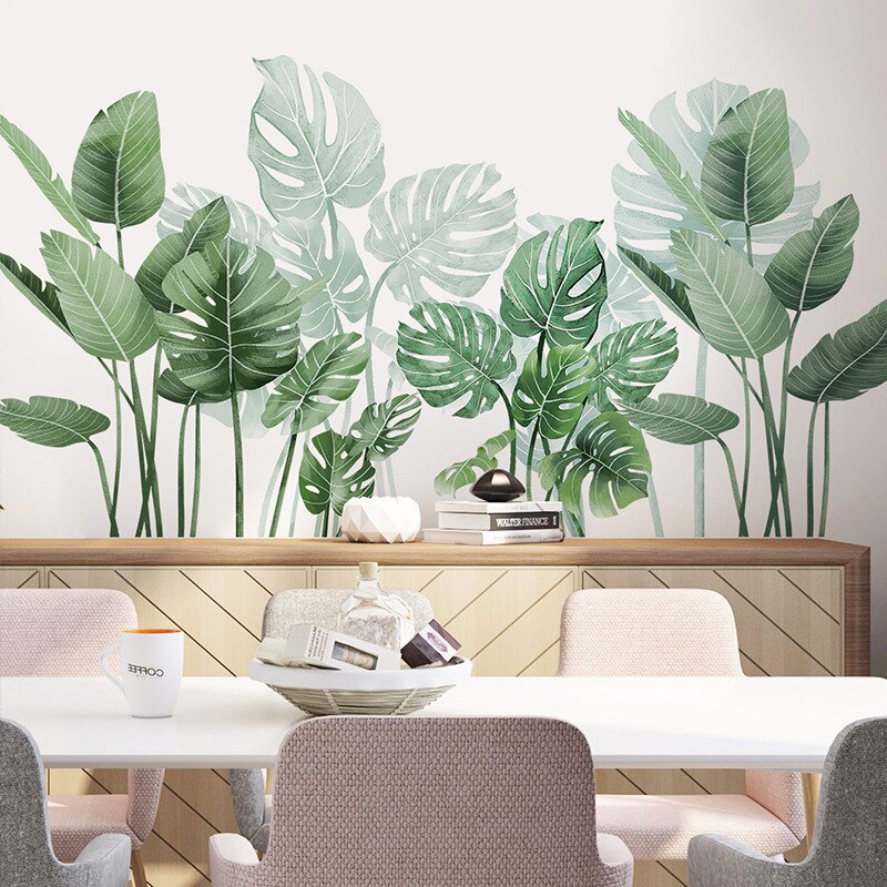 Green Plant Wall Sticker DIY Pink Peony Flowers Tropical Beach Palm Leaves Wall Stickers Modern Art Vinyl Decal Mural Wall