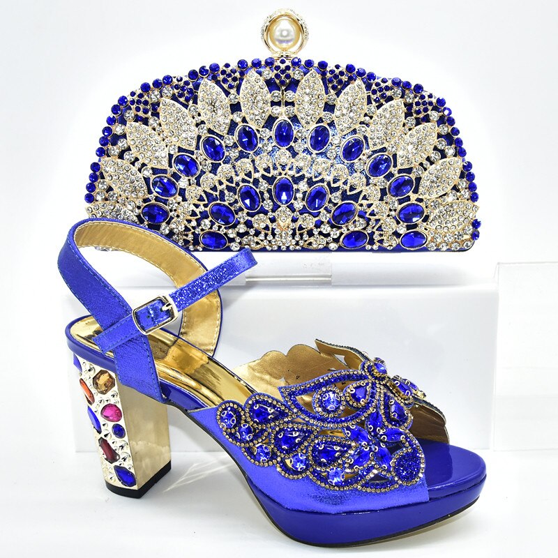 Ladies Italian Shoes and Bag Set Decorated with Rhinestone Women Shoes High Heel Italian Shoes and Bags Matching Set: Blue / 7.5