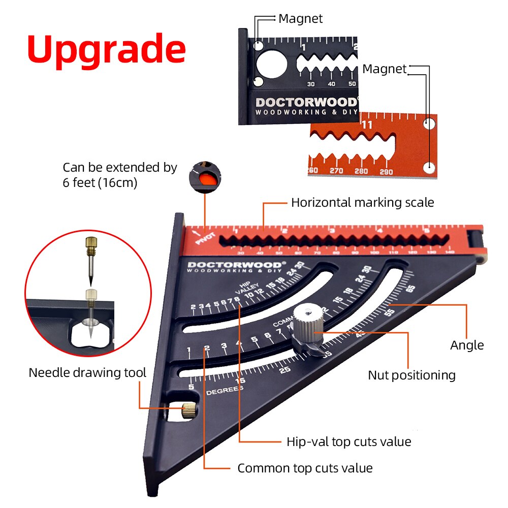 7 Inch Aluminum Alloy Speed Square Triangle Ruler Angle Protractor Ruler Multi Positioning Tool Woodworking Line Measuring Gauge