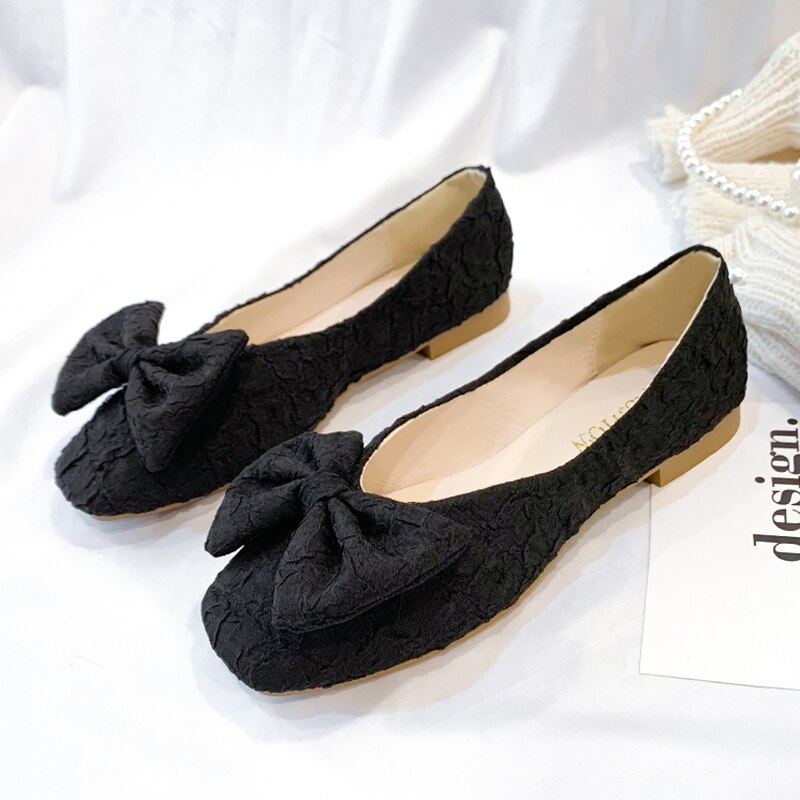 Chaussures plates en cuir avec nœud papillon pour femmes, ballerines de fête à bout carré, taille 35-40, peu profondes, vc2627: Black / 40