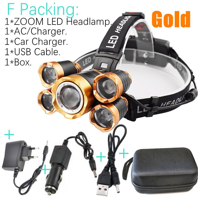 Most Powerful Induction ZOOM LED Headlight headlamp 5LED T6 Head Lamp Flashlight Torch head light Best For Camping, fishing: F Packing - Gold / Have 2x18650 Battery
