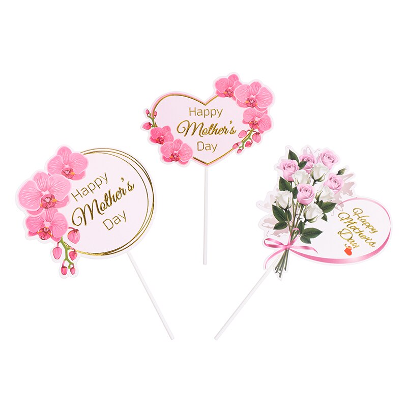 10pcs Cake Topper Pink Heart Flower Decoration Happy Mother`s Day Cake Toppers For Mother`s Day Cupcake Dessert Supplies