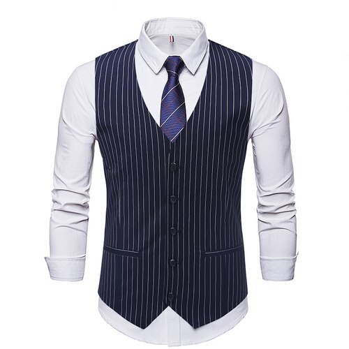Stribede veste herre jakkesæt vest klassisk sort grå business vest vest herre britisk blazer til mænd ærmeløs: Flåde / Xl