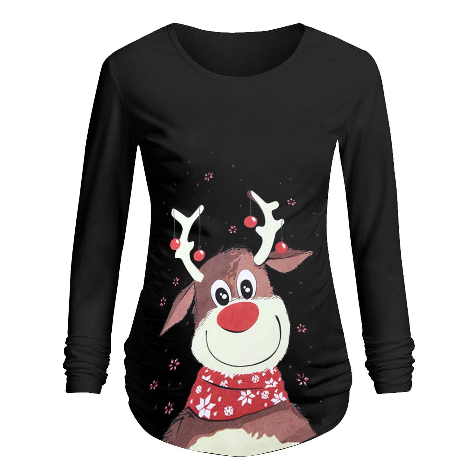 Femme enceinte noël à manches longues femmes imprimé côté de noël ruché maternité haut grossesse Out vêtements enceinte t-shirts # L: Black / XXL