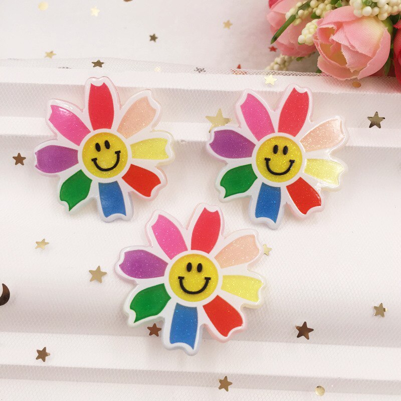 Kawaii Smile Colorful Glitter Sunflower Flat Back Acrylic Sheet Miniature Pattern Applique DIY Wedding Christmas G05