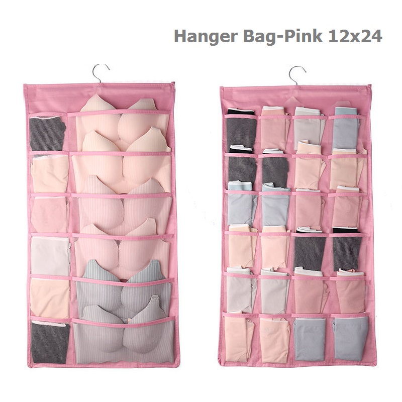 Clothes Storage Hanging Pocket Bag Non-woven Fabric Breathable Double-Side Organizer With Hanger for Bra Underwear Sock Storage: Pink 12x24