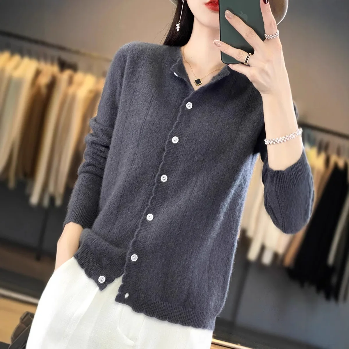 100% cárdigan abierto suelto de lana pura para mujer Otoño Invierno estilo ropa externa Top perezoso cuello redondo suéter de punto de manga larga