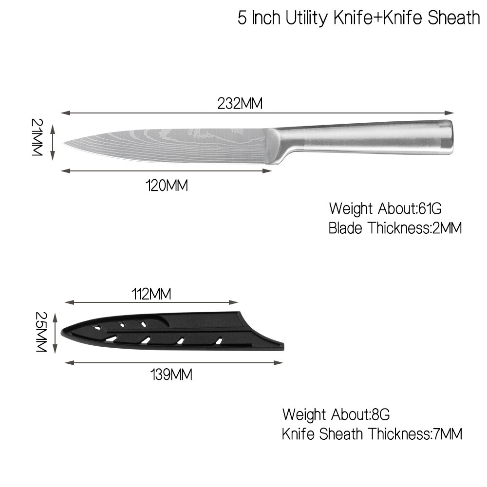 Damask køkkenknive sæt 7 cr 17 knive i rustfrit stål frugtværktøj santoku kok udskæring brød madlavning kniv damaskus mønster: 5 in værktøjskniv