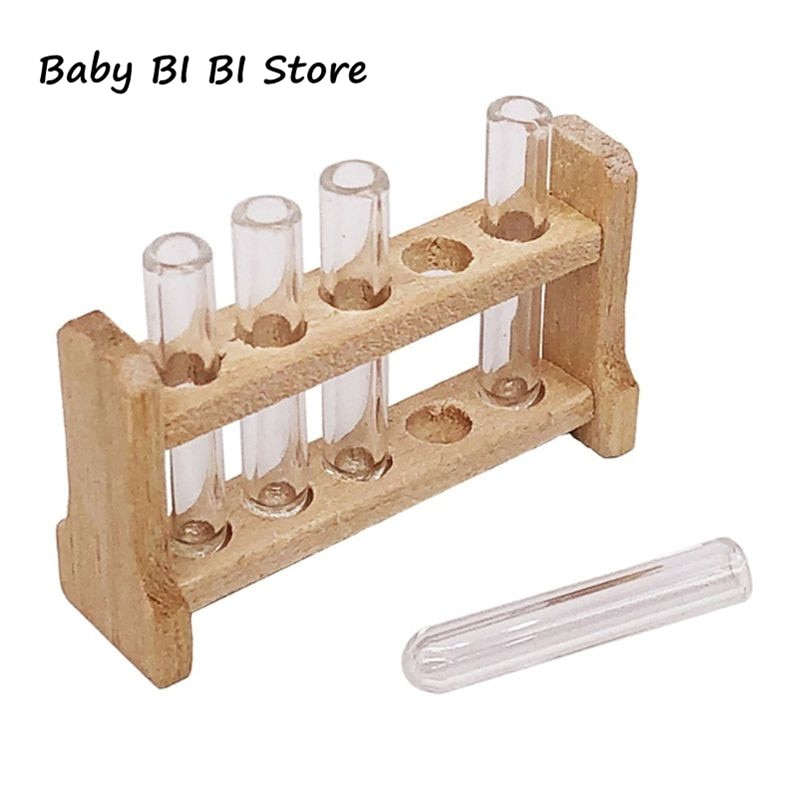 5 stks/set Laboratorium Glasreageerbuizen met Houten Rek Set 1:12 Dollhouse Miniatuur Accessoire Ornament