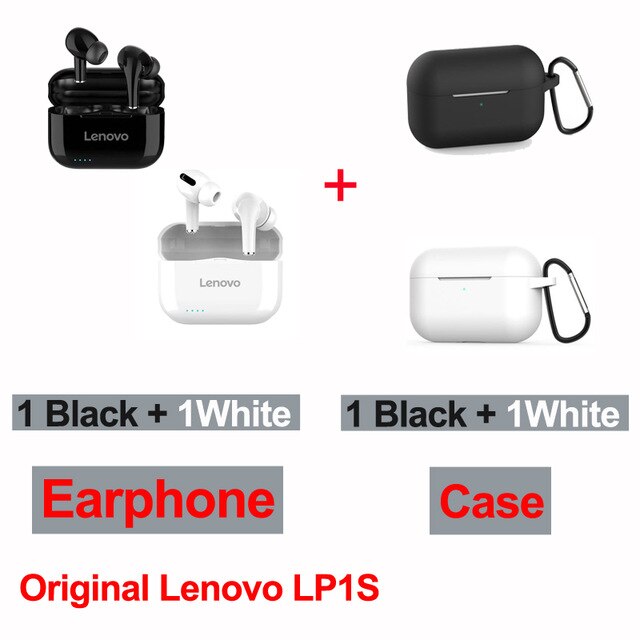 Original Lenovo LP1S TWS Wireless Headphones Bluetooth 5.0 HiFi Earphone Stereo bass with Mic Headset IPX4 Waterproof: white black and case