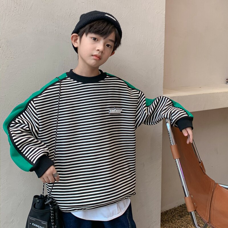 Sudadera gruesa de manga larga para niño, ropa deportiva coreana con estampado a rayas, holgada, para otoño e invierno,