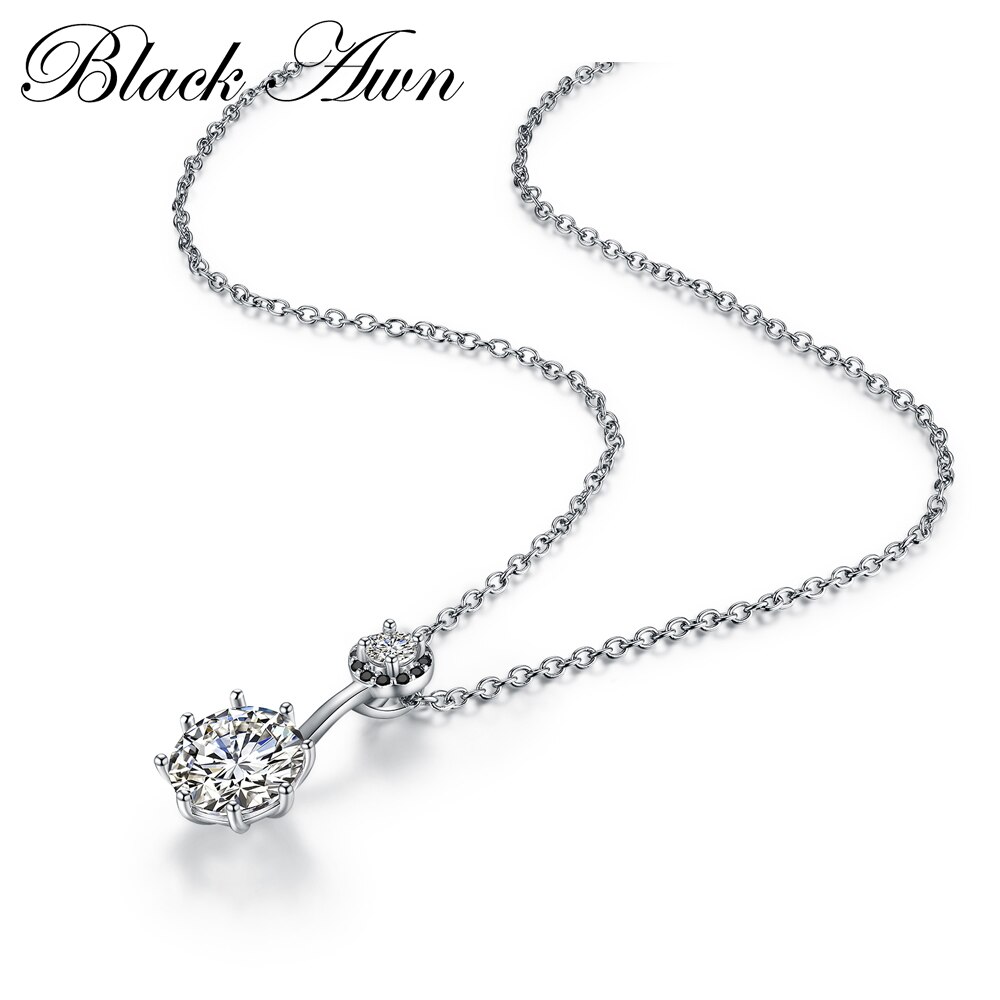 BLACK AWN Fine Jewelry Genuine 4.2g 925 Sterling Silver 3.8Ct Trendy Black&White Stone Necklaces Pendants for Women P002