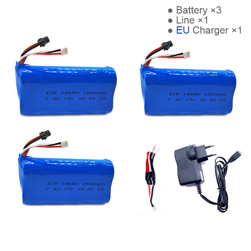 7.4V 1500mAh Lipo Battery for WPL MN99S D90 U12A S033g Q1 H101 7.4V 18650 SM Battery Rc Boats Cars Tanks Drones Parts: 3B 3in1 line  EU Adp