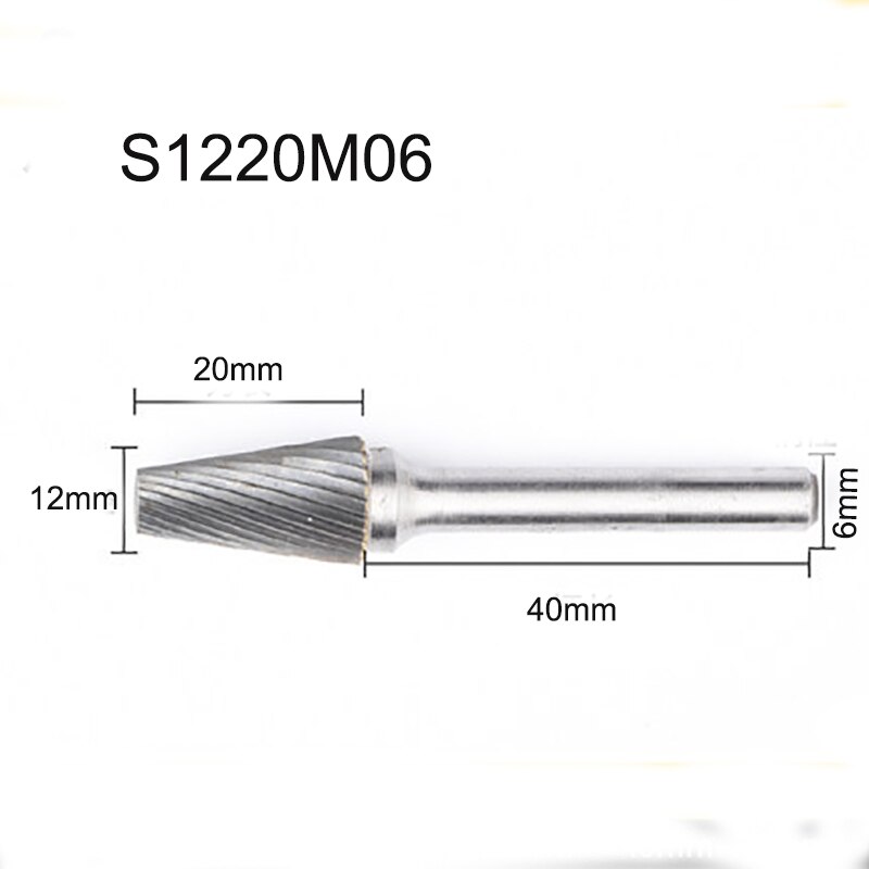 Conical Flat Head Hard Tungsten Steel Wood Carving Tool Grinding Head Milling Cutter S-shaped Rotating Cutter Single Slot: S1220M06