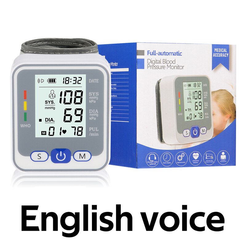 Monitor inteligente de presión arterial, esfigmomanómetro de muñeca, Monitor de presión arterial, pulsómetro, tonómetro portátil tensiometros digitales de brazo medidor de presión arterial baumanometro digital esfigmom: BHA002047-Voice