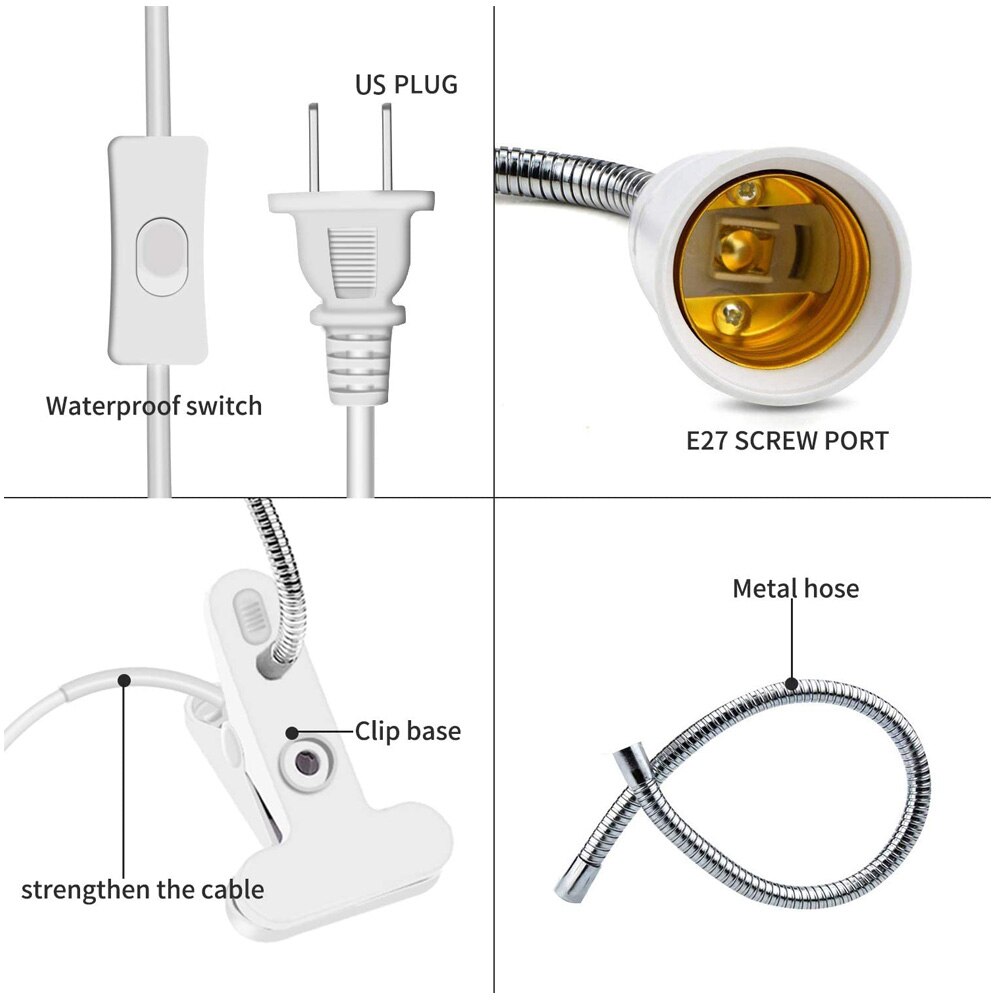 360 grader fleksibel lampeholder klips  e27 sokkel med av/på bryter eu us plugg bruk som enkel skrivebordslampe for led vokselys  e27 lampe