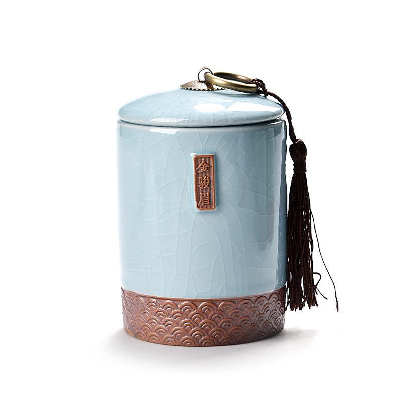 Pequeño tarro de té Caddy de cerámica sello de almacenamiento de té cofre café dulces caja de almacenamiento de alimentos de cocina juego de té Kung Fu tanque portátil: Jinjunmei PowderBlue