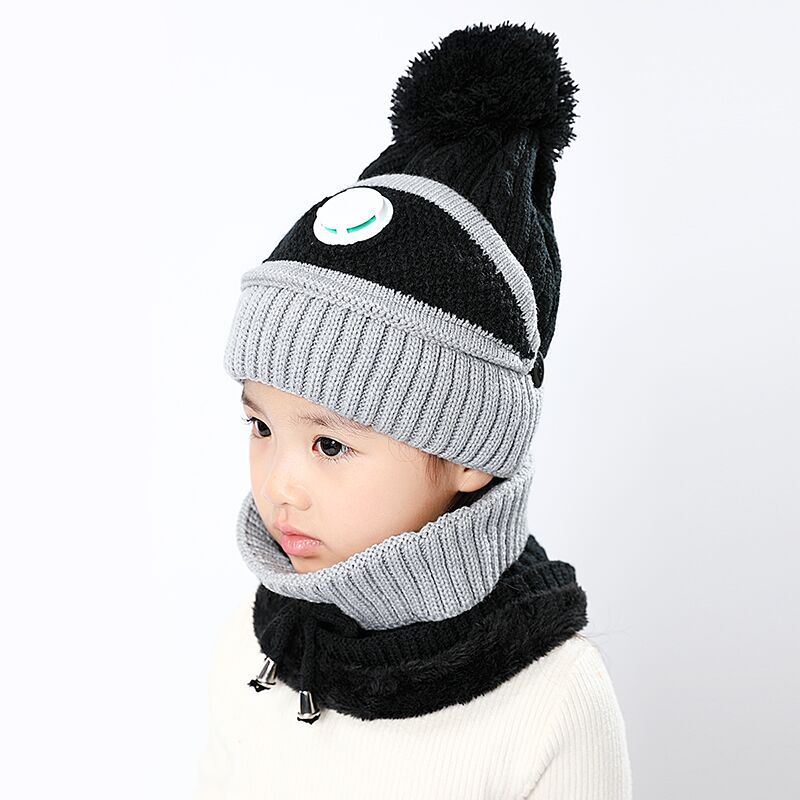 3 in 1 Kids Knitted Scarf Hat Face Mask Set with Breathing Valve Winter Warm Soft for Children Outdoor -MX8: Black