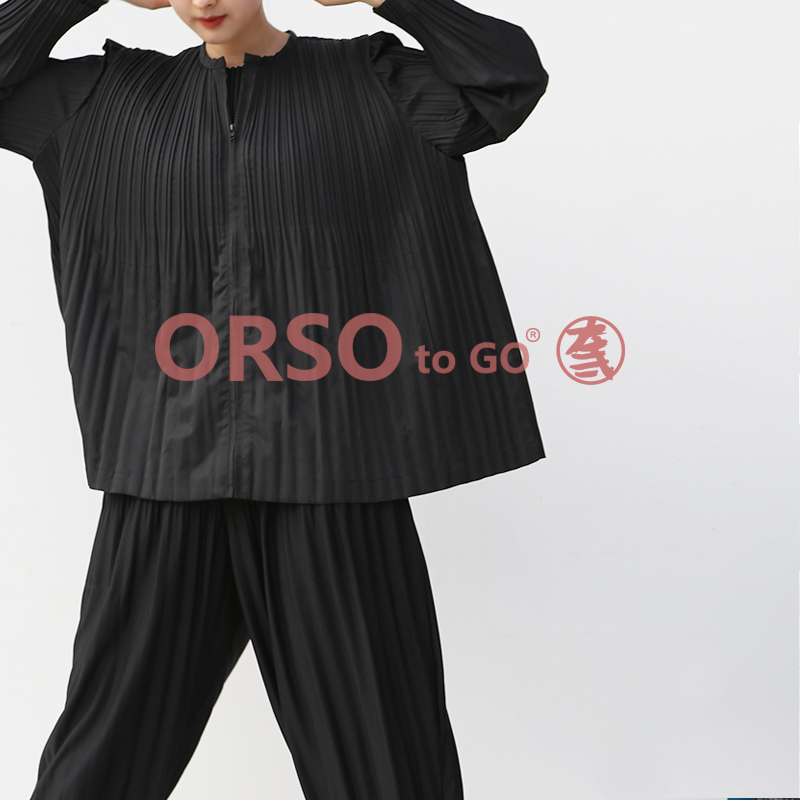 Miyake geplooide damesjas herfst casual ronde hals rits effen top esthetische kleding: Beige