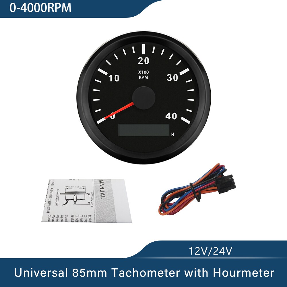 85mm Tachometer RPM REV Counter 3K 4K 6K 7K 8K RPM with LED Hourmeter Car Truck Boat Universal Outboard Red Backlight: 4K-BN