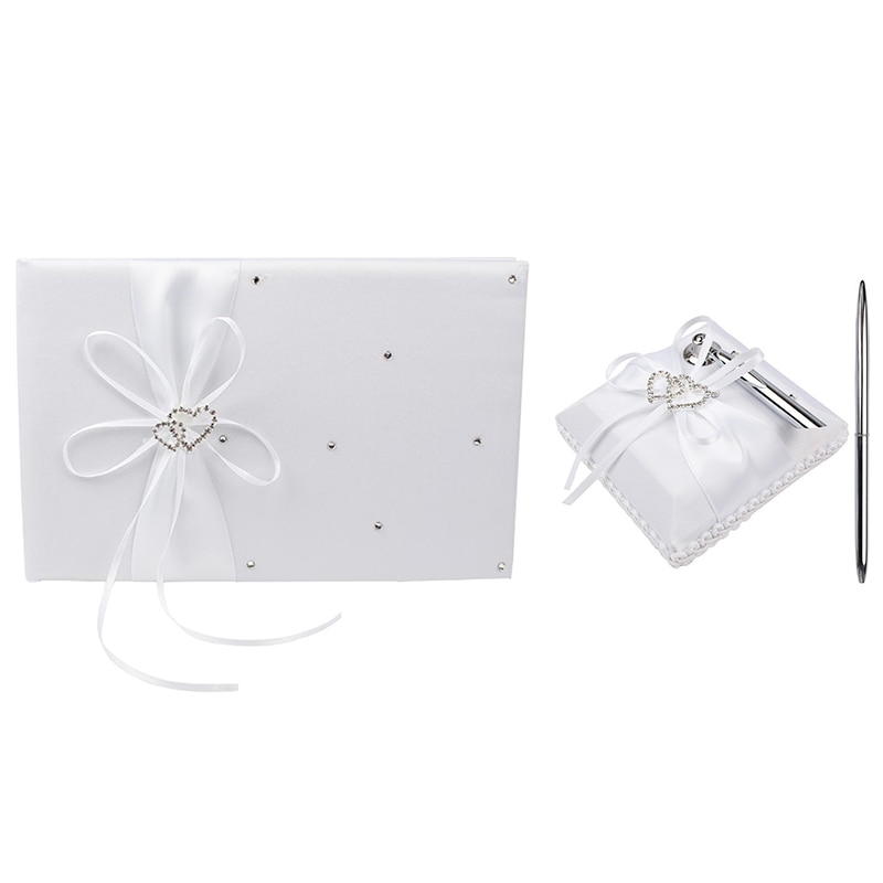 Bröllop gäst närvaro bok pennhållare set med dubbel hjärta rosett diamant dekoration signatur bok bröllop leveranser