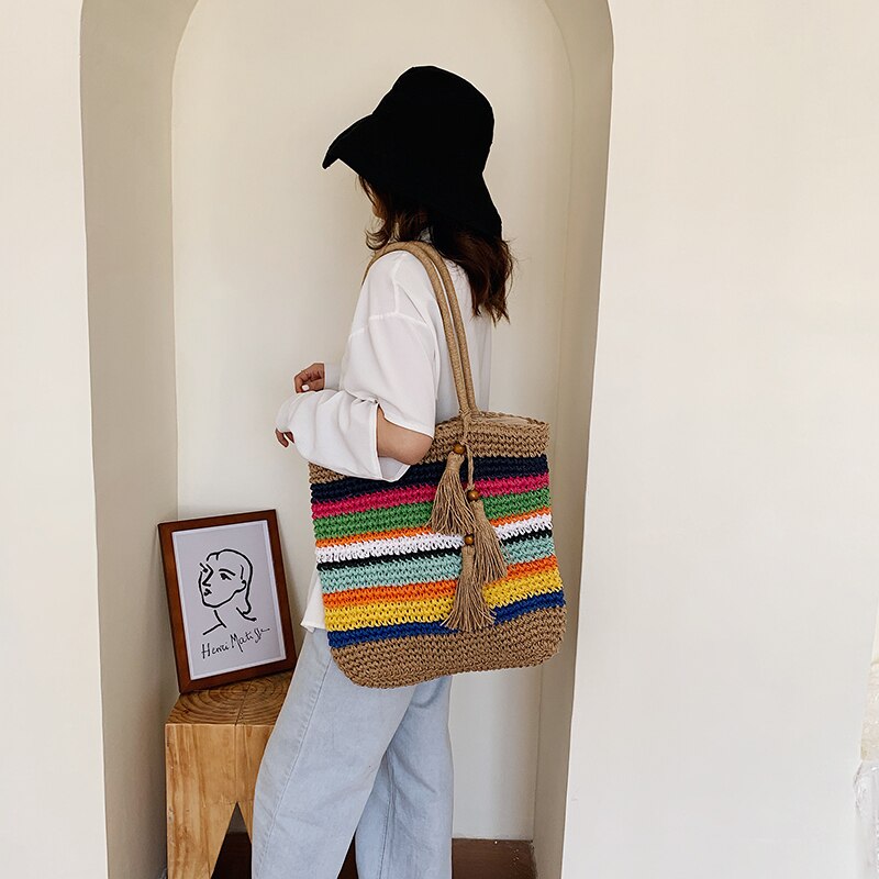 Solid Color Beach Straw Bag High Handmade Casual Shoulder Bags for Women Simple All-match Travel Bags Sac A Main