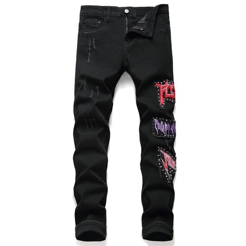 Jean punk rock brodé pour homme, pantalon noir slim décontracté en coton extensible, avec rivets décoratifs: 29