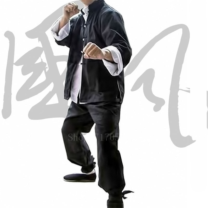 3Pcs Chinese Traditionele Tang Pak Set Mannen Yip Man Bruce Lee Kung Fu Praktijk Uniform Zwart Linnen Shirt Broek tai Chi Outfits