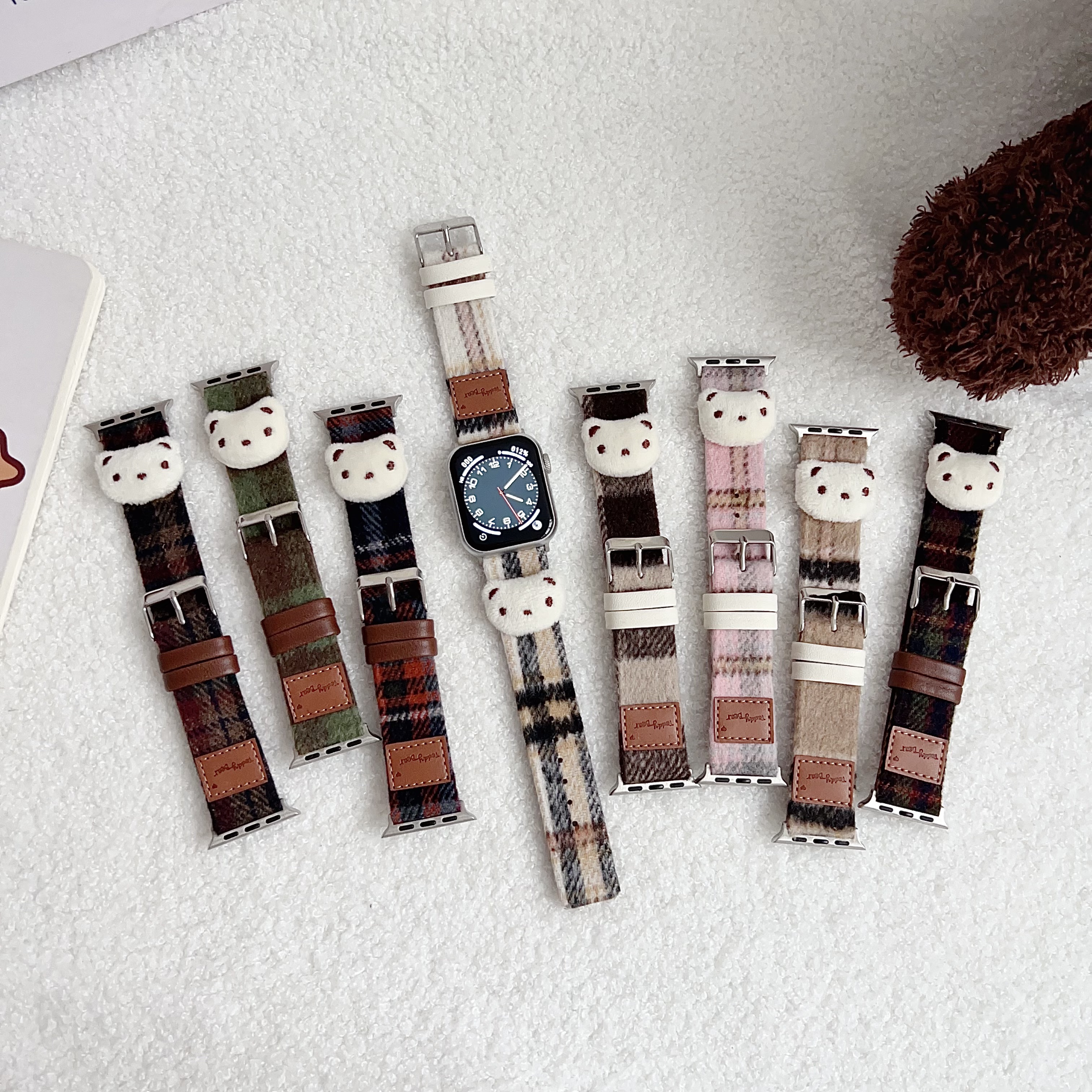 Leren band voor Apple Watch Band Meisjes Schattige beer Armbandketting met Iwatch9876SE Ultra40 41 44 45 mm Dames Pluche Doek Pols
