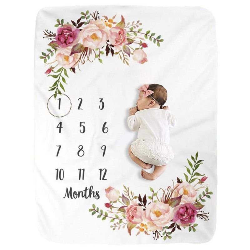 Baby Milestone Blanket Flannel Newborn Photo Prop Backdrop with Monthly Growth Chart for Girl and Boy