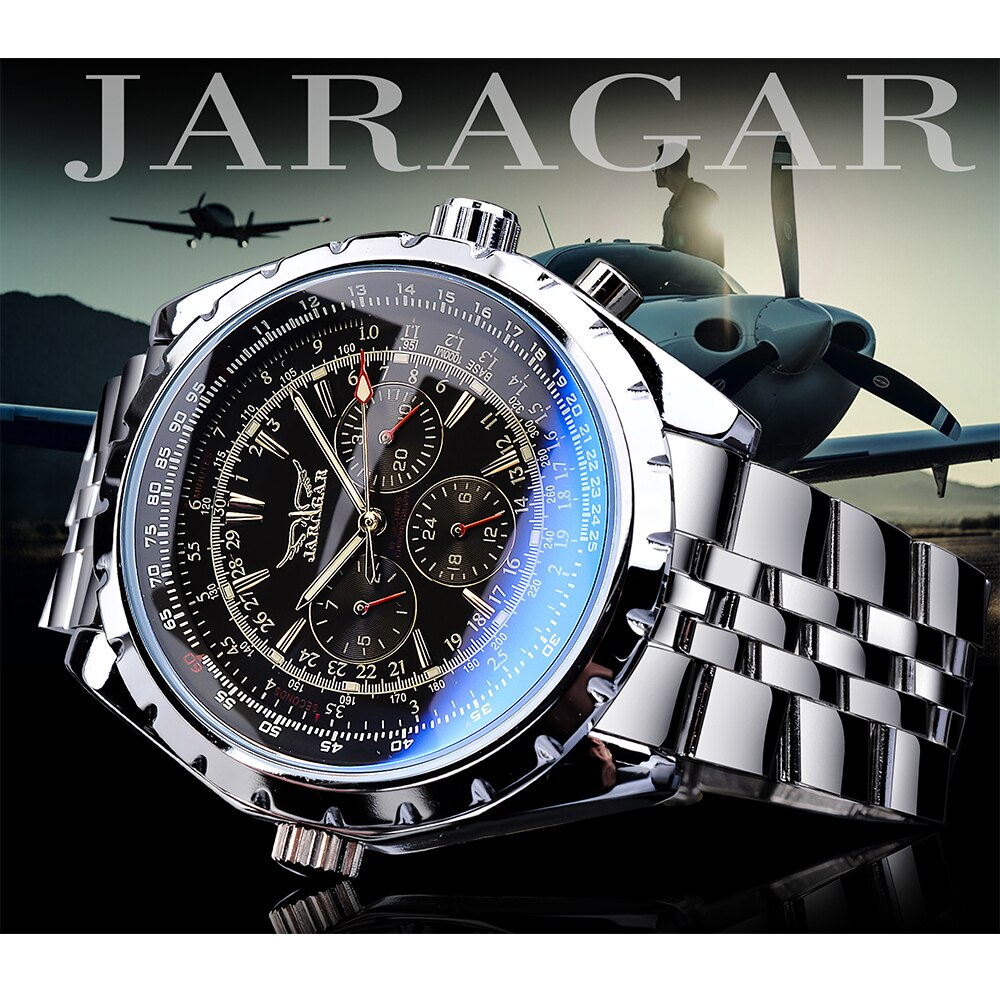 Jaragar Blauw Glas Zwart Zilver Automatische Horloge Roestvrij Staal Datum Klok Lichtgevende Mannen Zakelijke Mechanische Horloge